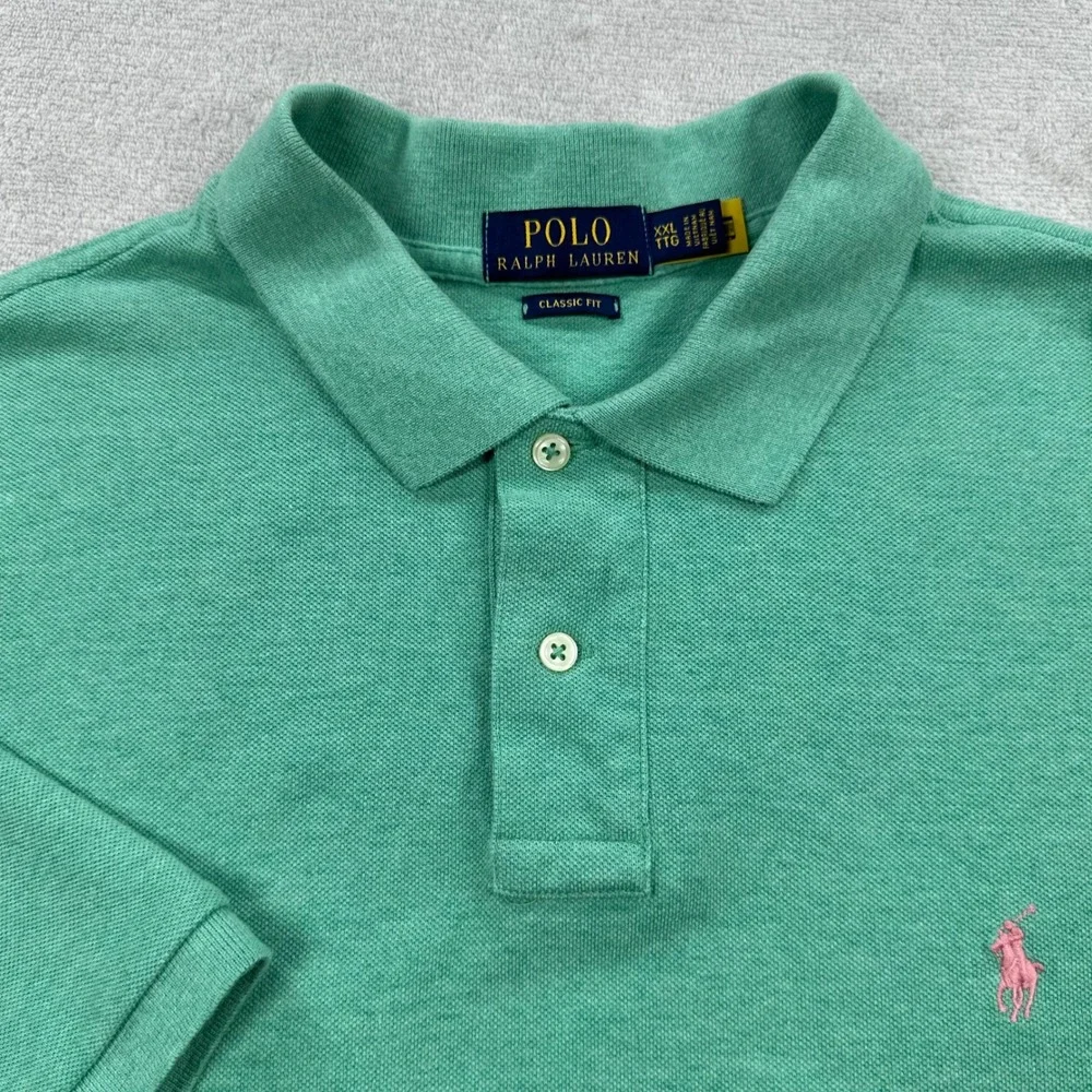 Polo Ralph Lauren Polo Shirt Mens XXL Green Classic Fit Iconic Mesh Pink Pony